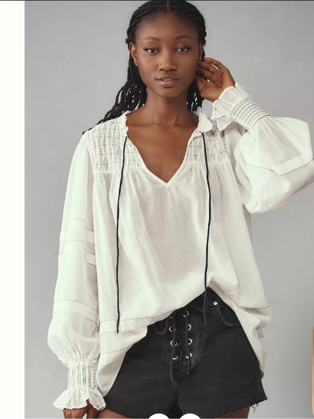 By Anthropologie Long-Sleeve Airy Babydoll Blouse Peasant Top Smocked Wrist M